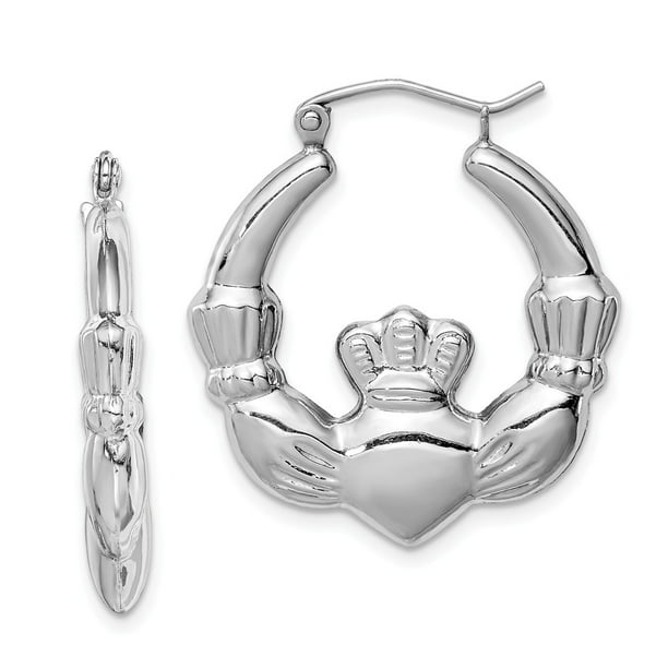 .925 Sterling Silver 27 MM Polished Claddagh Hoop Earrings 